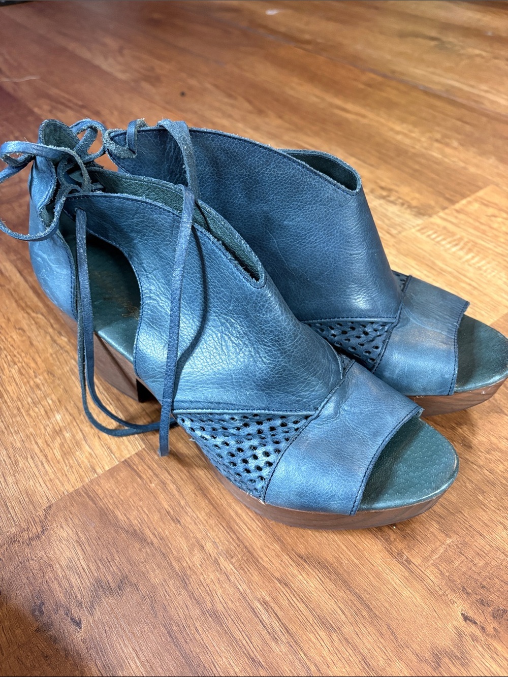 Free People Teal Peep-Toe Lace-Up Leather Heels